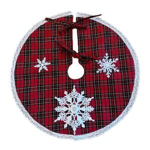 Christmas Tree Skirt Plaid Embroidered Snowflakes Crochet Edge Table Top Tree